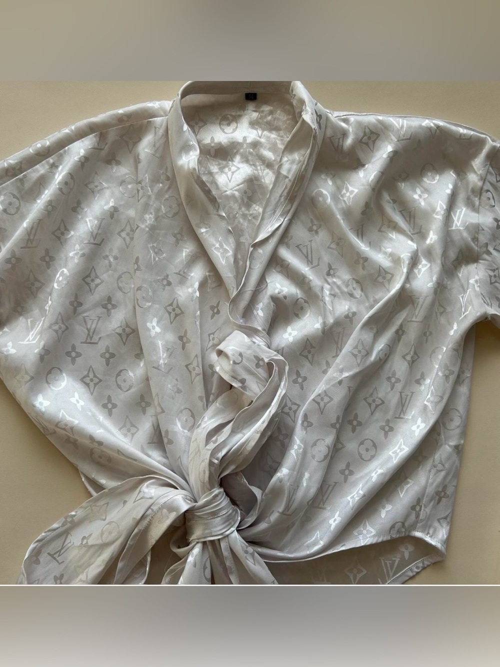 Satin Tie-Front Blouse in Pearl White size M - Picture 3 of 7